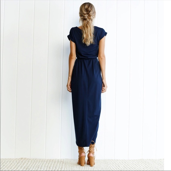Blue Midi Dress With Tie Waist - Picture 2 of 2